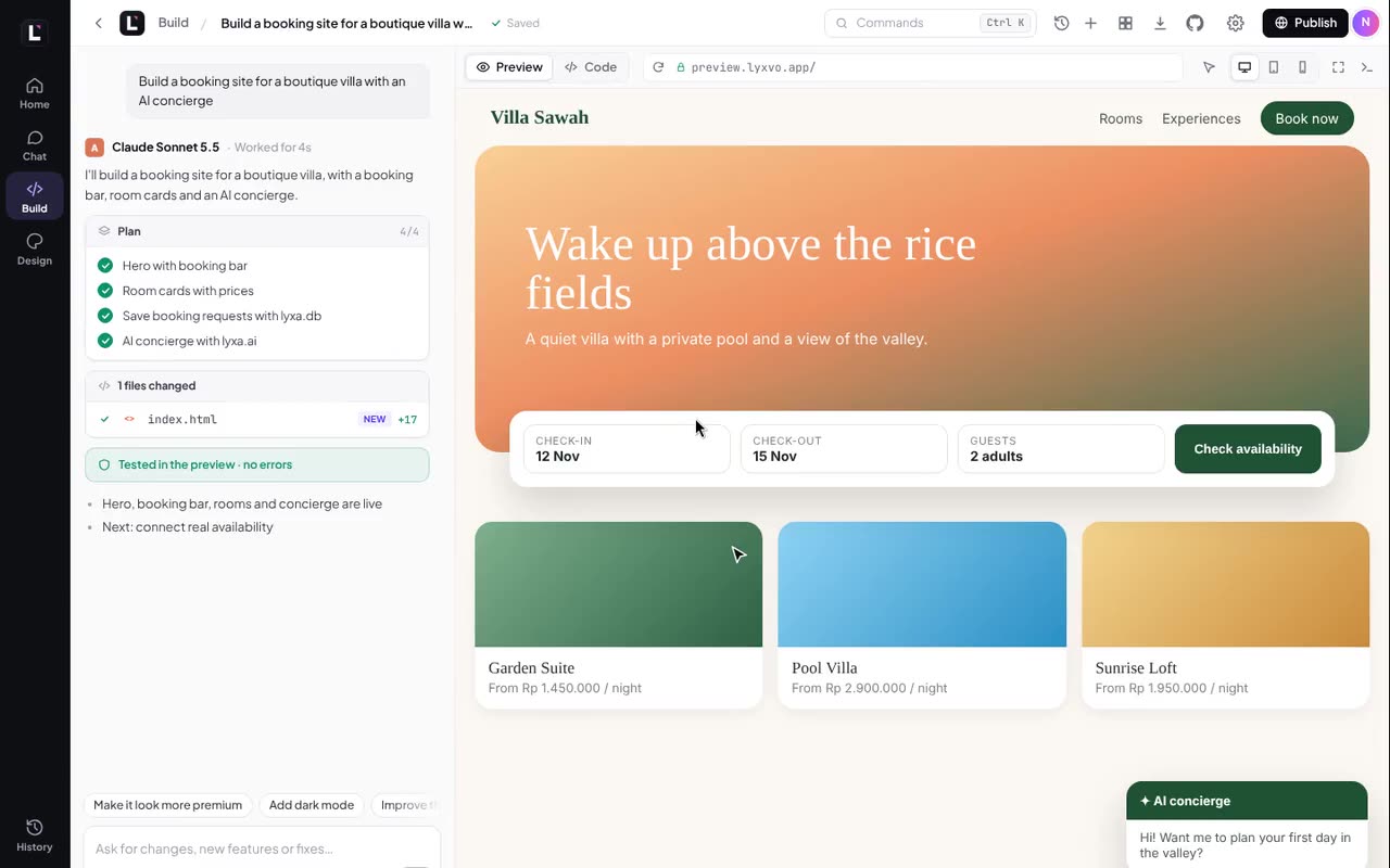 Describe the app. The agent writes a plan, then the code, file by file.